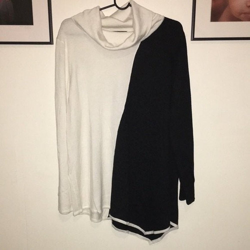 Cowl Neck Black & White Asymmetrical Sweater